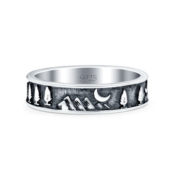 Mountains & Trees Oxidized Band Solid 925 Sterling Silver Thumb Ring (5mm)